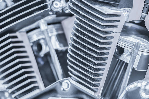 Detail of the engine of a Russian copy of a 1936-vintage German motorcycle.