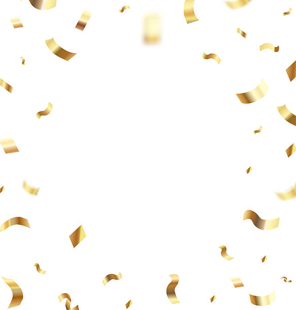 Golden confetti background. Realistic flying gold particles and white space. Abstract wedding frame, party new year, festive banner for ad, birthday