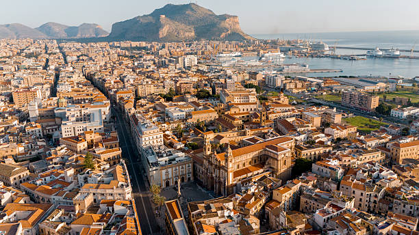 Palermo Cathedral and Port with Monte Pellegrino stock photo