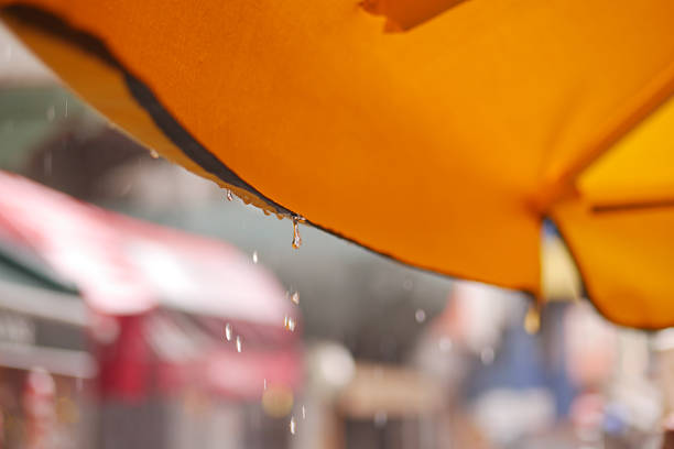 Rain droplets trickle from a bright yellow umbrella above a bustling street.
