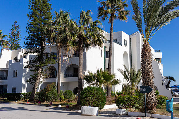 istock A bright, white building is surrounded by lush greenery and palm trees 2219670445