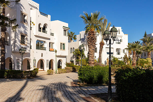 istock A Mediterranean-style courtyard with whitewashed buildings, palm trees, and clear blue sky. 2219670508