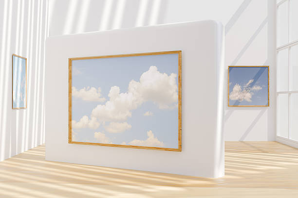 istock Art gallery featuring paintings of clouds in a bright, modern space. 3d rendering 2219670595