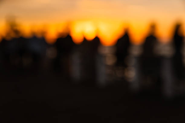 A creative blurred capture of people standing on the Santa Monica Pier at sunset. The glowing sun, orange-pink sky, and silhouettes together form a nostalgic, cinematic moment.\nKeywords: blurred people, cinematic photo, golden hour, santa monica pier, sunset watchers, dreamy blur, emotional photography, crowd silhouette, ocean sunset