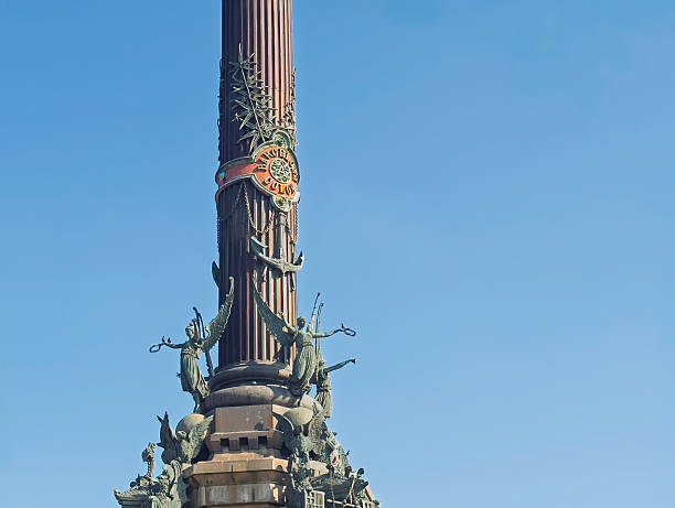 Columbus Monument Colon column in Barcelona waterfront near las Ramblas built in 1888, Catalonia of Spain. The Columbus Monument column rises prominently capturing the essence of the city.