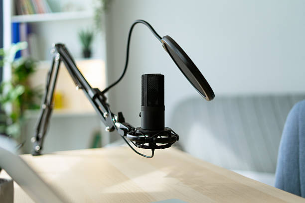 istock Professional microphone setup recording audio in home studio 2219673118