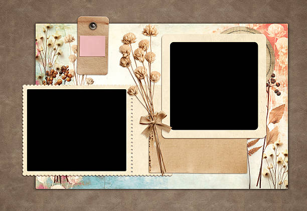 istock Nostalgic scrapbooking banner with moodboard pictures for scrapbooking. Retro background with paper texture, dry pressed leaves, flowers, linen bow and frame photo. Vintage style mood board layout 2219673195