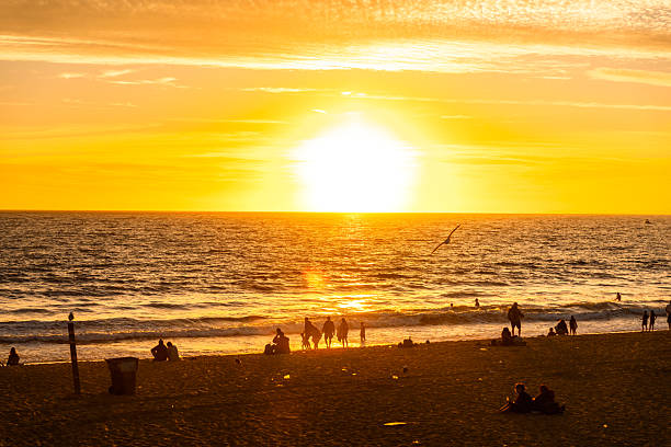 A vibrant golden sun setting over the Pacific Ocean as beachgoers enjoy the view, highlighted by silhouettes and soft reflections.