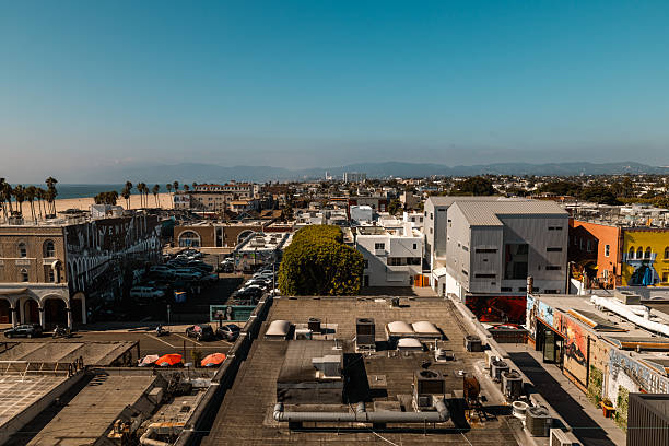A wide rooftop view of the Venice Beach district in Los Angeles, California, shows a mix of modern and colorful architecture, palm-lined streets, and the vast Pacific coastline. With mountains in the distance and clear blue skies, the photo captures the laid-back yet dynamic spirit of Southern California's urban coastal lifestyle.
