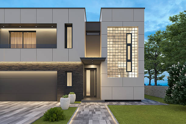 istock Modern Luxury Villa with Illuminated Pathway at Dusk 2219675139