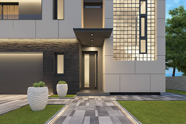 istock Modern Luxury Villa with Illuminated Pathway at Dusk 2219675141