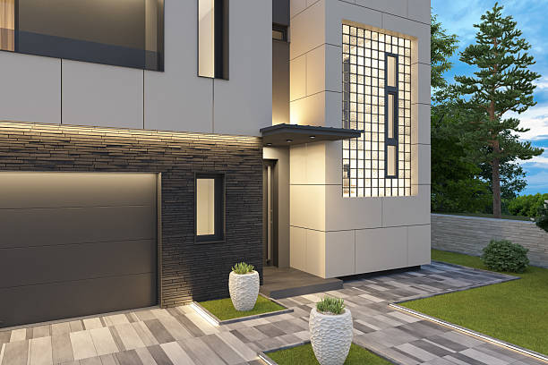 istock Modern Luxury Villa with Illuminated Pathway at Dusk 2219675932