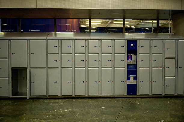Luggage lockers at train station terminal for secure baggage storage and passenger convenience