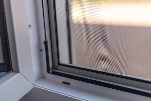 istock Detailed view of a window frame featuring a mesh screen that offers fly protection. Sunlight filters through, creating a warm and inviting atmosphere as installation is in progress 2219676777