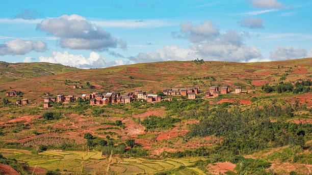 istock Typical Madagascar landscape - green and yellow rice terrace fields on small hills with clay houses village in region near Vohiposa 2219678009