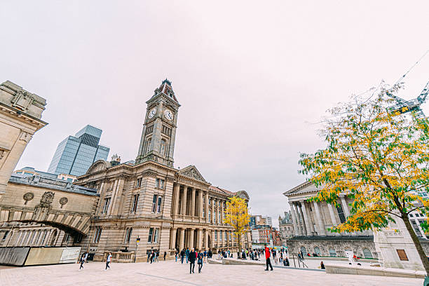 Low Angle View of the Clock Tower at Chamberlain Square in Paradise Circus, Birmingham, UK