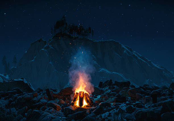 campfire on rocks and stones at night. 3D Rendering