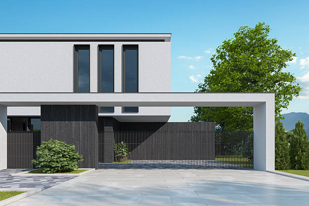 istock Modern Two-Story House with Black Stone Base and White Plaster Facade 2219681907
