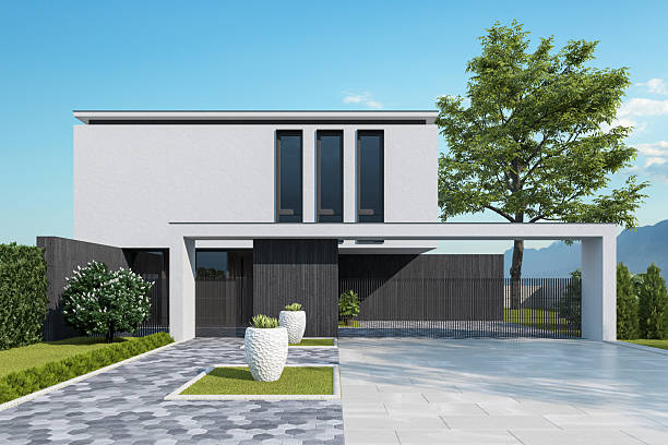 istock Modern Two-Story House with Black Stone Base and White Plaster Facade 2219681992
