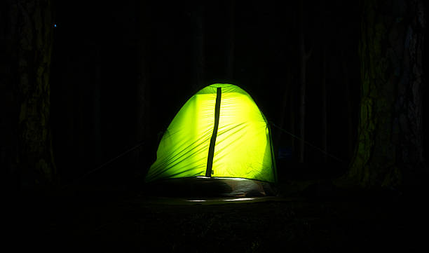 Tent, backpack and camping equipment on green grass in mountains