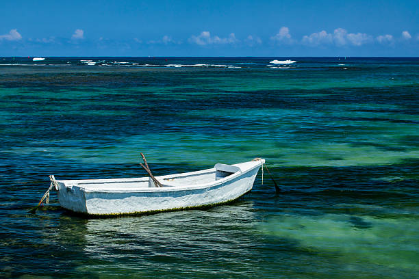 Small white rowboat anchored in shallow water, bright sunny day, blue sky, ocean in background, small waves.