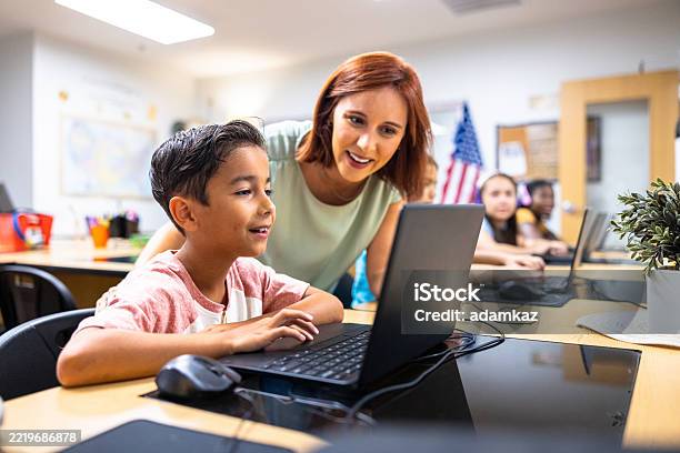 Computer Teacher Raul Elementary Students Learning In The Computer Lab With Their Teacher ...