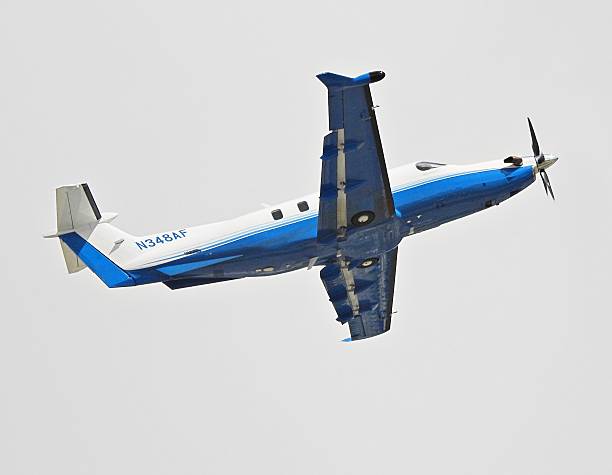 Boca Raton, Palm Beach County, Florida, USA, June 11, 2025.  A Pilatus PC-12/47E fixed wing single engine (11 seats / 1 engine)\nN348AF taking off from the Boca Raton Airport.