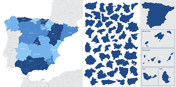 ilustraciones, imágenes clip art, dibujos animados e iconos de stock de mapa azul de españa y las islas, con divisiones administrativas en comunidades autónomas e islas, ilustración vectorial sobre fondo blanco - mapa españa