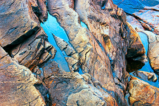 Pockets of still water upon colorful rugged bedrock, reflecting vivid blue sky above.