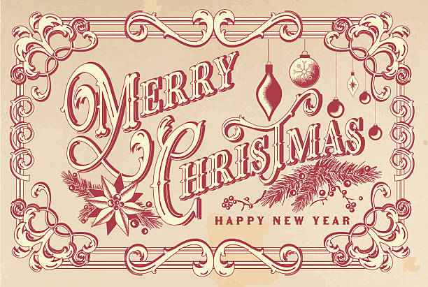 Vector illustration of a Vintage Postcard Hand lettered Merry Christmas Season Greeting Postcard front design template. Worn paper texture and handwriting. All fonts outlined or expanded. Download includes vector eps and high resolution jpg.