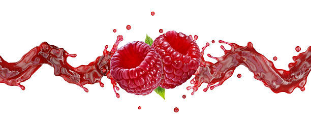 3D render of raspberries, red liquid splash, white background.