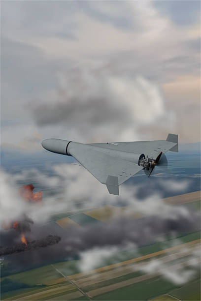 istock Combat drone in flight over fields with smoke and explosion on the ground. A modern drone moves through the clouds, heading towards the target, below - the aftermath of the impact: an explosion and puffs of black smoke. 2219698397