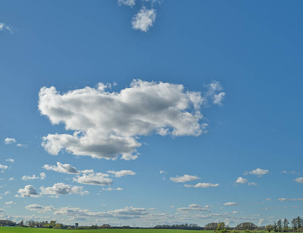A tranquil rural scene featuring blue skies, scattered white clouds, and a lush green field in Denmark. Ideal representation of calm nature under clear weather.
