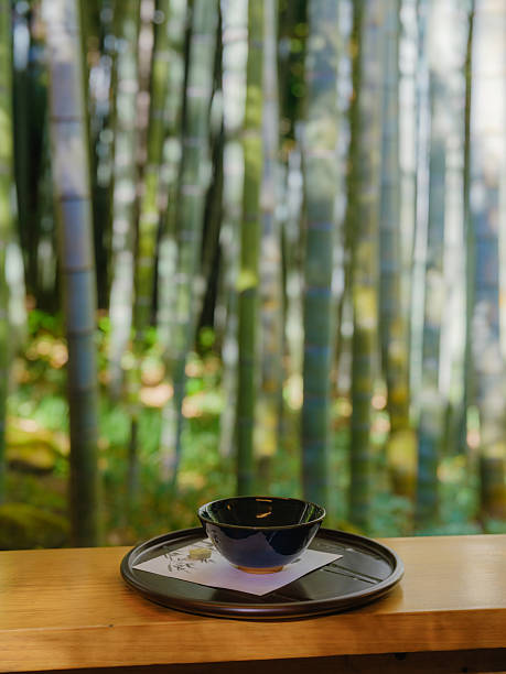 Matcha bowl in bamboo forest in Japan