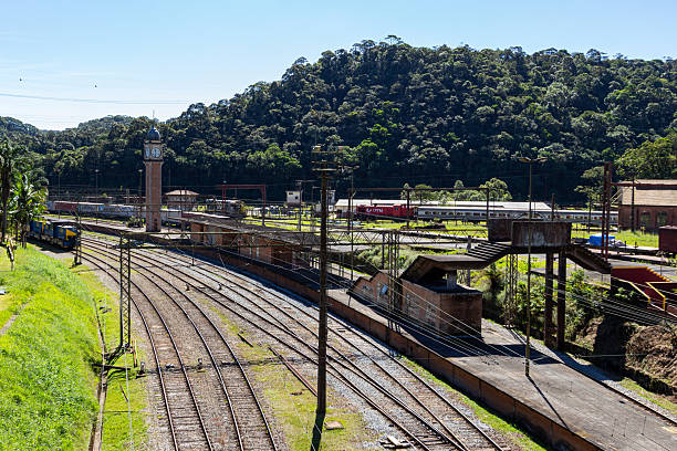 Paranapiacaba, Santo André, SP, Brazil - May 17th, 2025: Railway, trains, station and the famous clock tower in the historic village of Paranapiacaba.