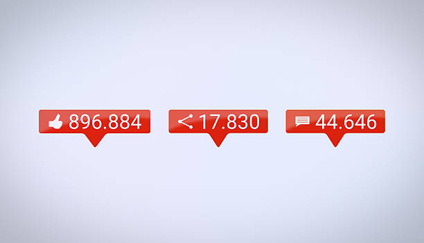 Illustration of Like, Share and Comments button in red with increasing count of numbers on white background - social media reaction buttons.