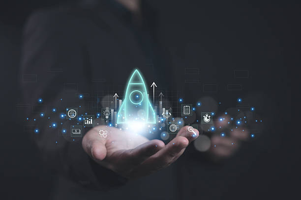 istock Business startup plan concept, Start plan and strategy step the growing, Businessman is launch a rocket flying to sky, digital marketing, network connection 2219734076
