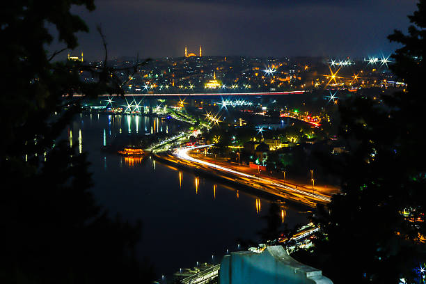 Night photo with light in Istanbul with traffic flow
