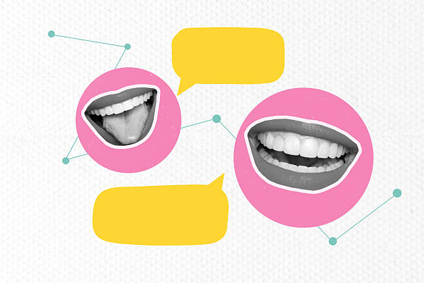 Trend composite sketch template photo collage of text box comic note speech message two silhouette mouth rumor talking lips fragment face