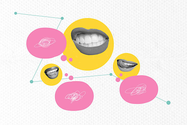 istock Poster trend sketch template 3D photo collage of comic speech box cloud dialogue lips speech gossip psychedelic fragment teeth smile 2219740513