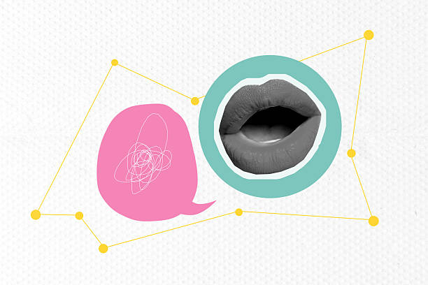 Template collage design trend artwork 3D sketch of communication bubble conversation big size sticker lips gossip talking abstract dialog