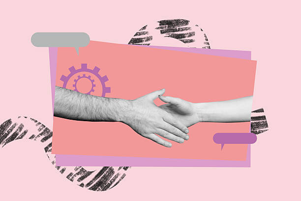 istock Creative sketch art collage of hands show approval gesture project handshake bubble communication gearwheel settings icon 2219740528