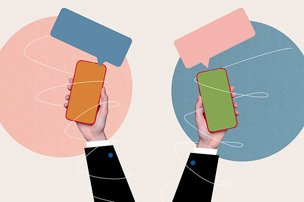 istock Creative banner collage of two hands holding gadget screen with sms email 2219740573