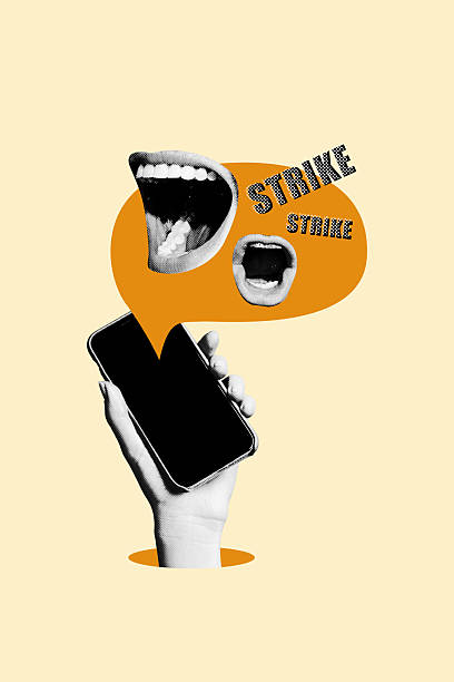 istock Art image vertical photo collage of hand hold phone screen notification bubble strike scream mouth demonstration concept cyberbully 2219740599