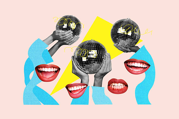 istock Composite art 3d creative image collage of headless people crowd invisible head mouth smile hand hold disco ball party friday event 2219740679