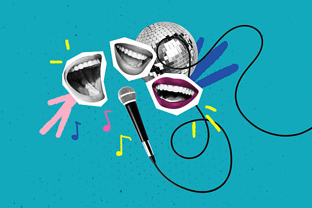 istock Composite art 3d creative image collage of happy faceless mouth sing karaoke microphone performance friday disco ball party chill 2219743478