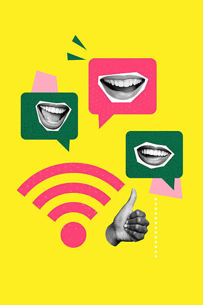 istock Composite artwork 3D photo collage trend of online speech texting sms note chatting bubble silhouette smile lips thumb like wifi internet 2219743533