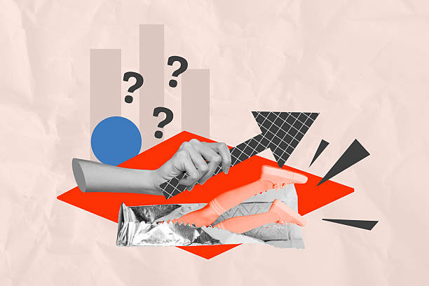 istock Composite trendy magazine photo collage of hand hold arrow pointer statistics development chart gum wrapper girl legs question mark 2219743580