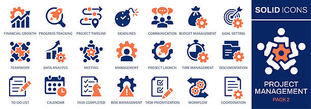 Project management icons, such as collaboration, workflow, to-do list, deadlines and more. Vector illustration. Easily changes to any color. Project management icons, such as collaboration, workflow, to-do list, deadlines and more. Vector illustration. Easily changes to any color. due-diligence stock illustrations