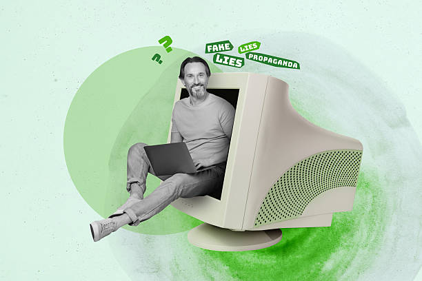 istock Pop image collage of person use gadget sit in computer display with lies on green background 2219746927